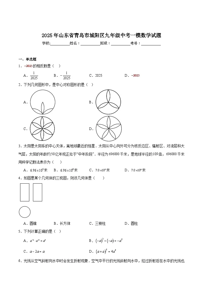 山东省青岛市城阳区2025届九年级下学期中考一模数学试卷(含解析)第1页
