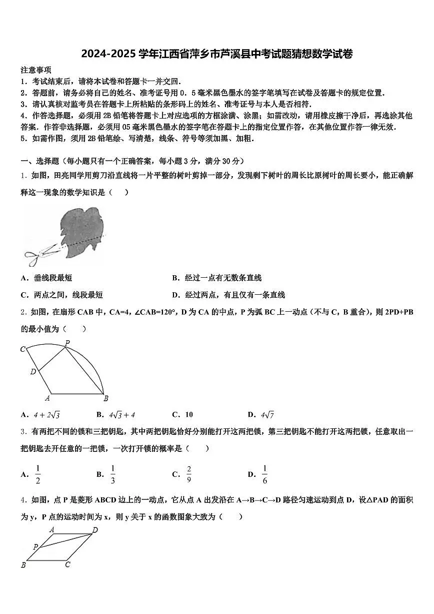 2024-2025学年江西省萍乡市芦溪县中考试题猜想数学试卷含解析第1页