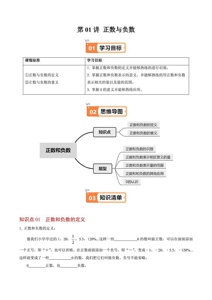 第01讲 正数和负数(2个知识点+5类热点题型讲练+习题巩固)(原卷版)第1页