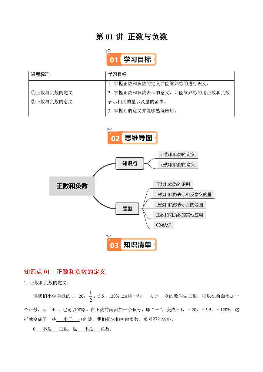 第01讲 正数和负数(2个知识点+5类热点题型讲练+习题巩固)(解析版)第1页