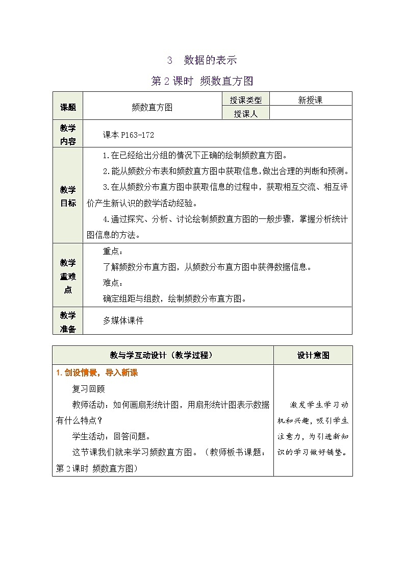 鲁教版(五四制)六年级数学上册4.3 数据的表示 第2课时 频数直方图教案第1页