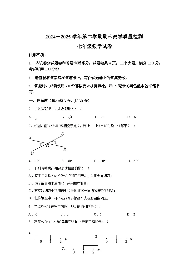 2024-2025学年河南省安阳市殷都区七年级下学期期末教学质量检测数学检测试卷第1页