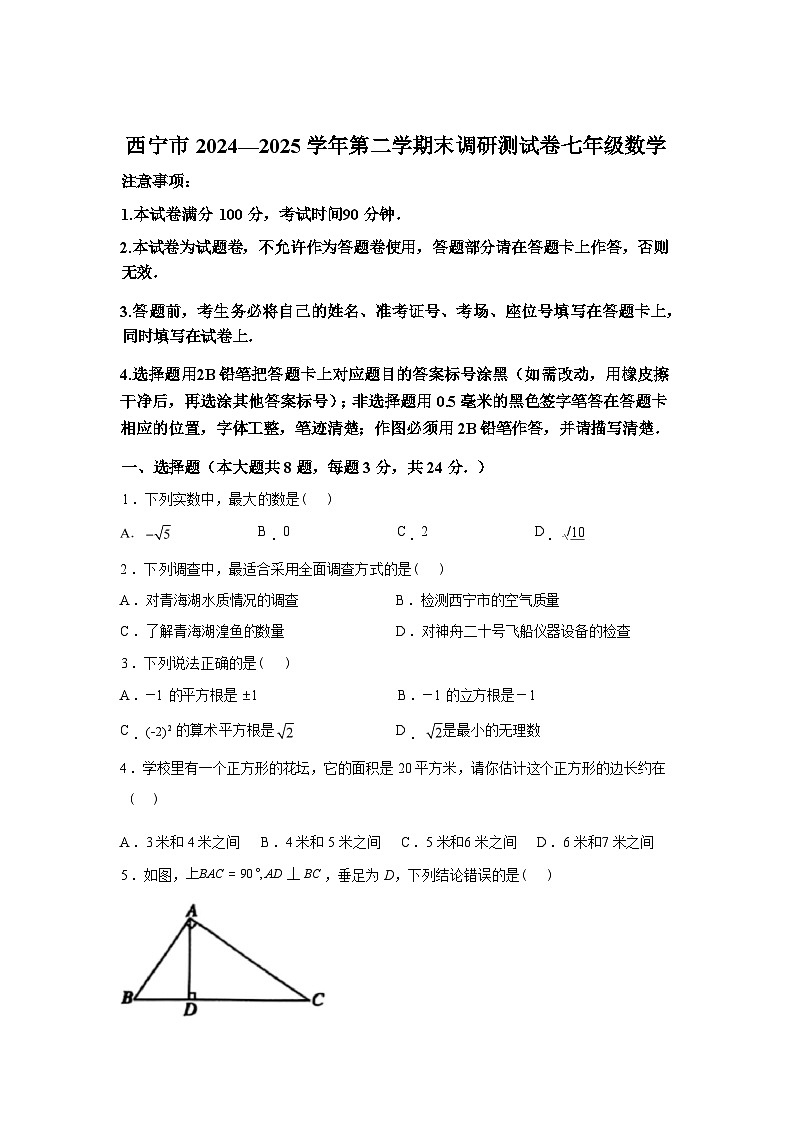 2024-2025学年青海省西宁市七年级下学期期末调研测试数学检测试卷第1页