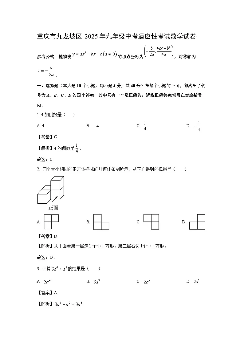 重庆市九龙坡区2025年九年级中考适应性考试数学试卷(解析版)第1页