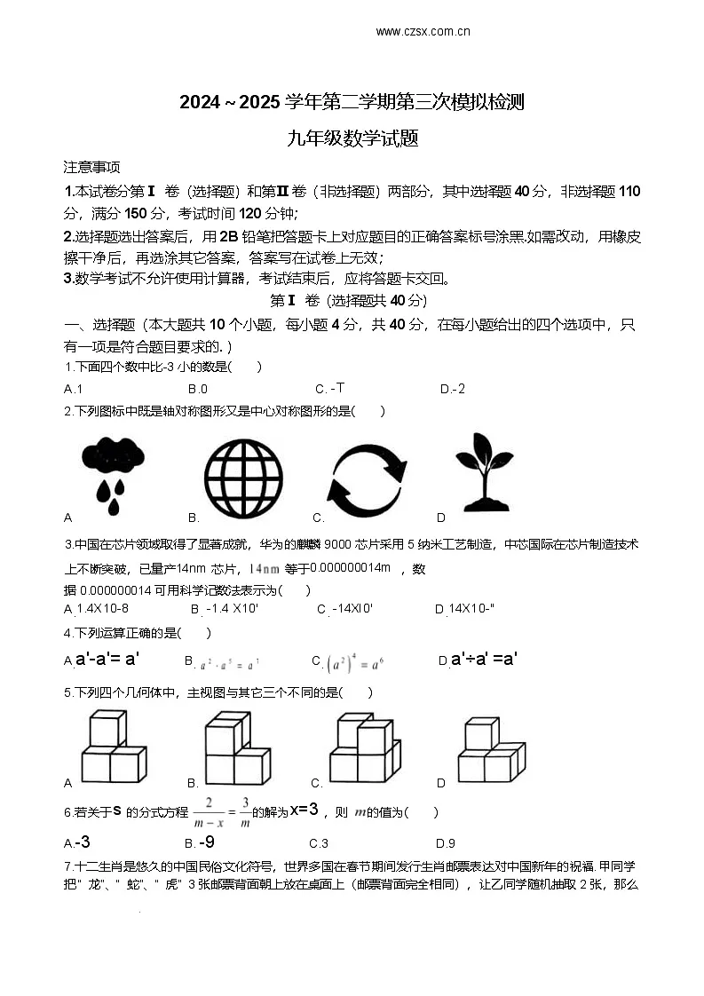 山东省泰安市东平县2025届九年级下学期中考三模数学试卷第1页