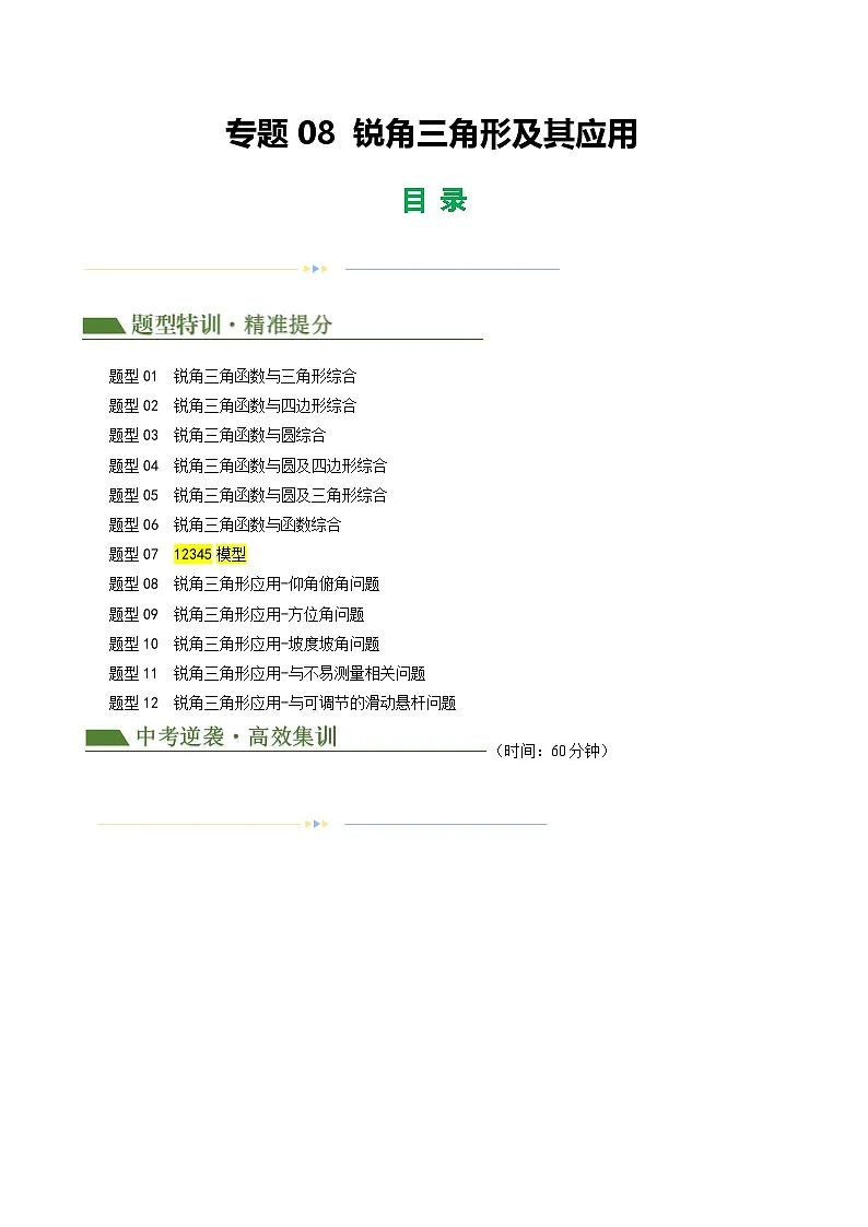 中考数学第一轮专项复习专题08 锐角三角形及其应用(原卷版)第1页