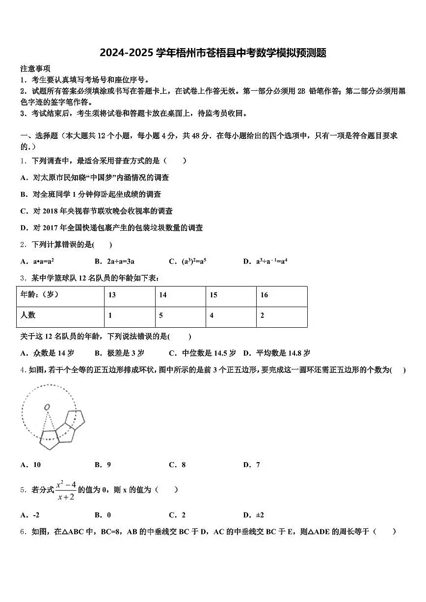 2024-2025学年梧州市苍梧县中考数学模拟预测题含解析第1页