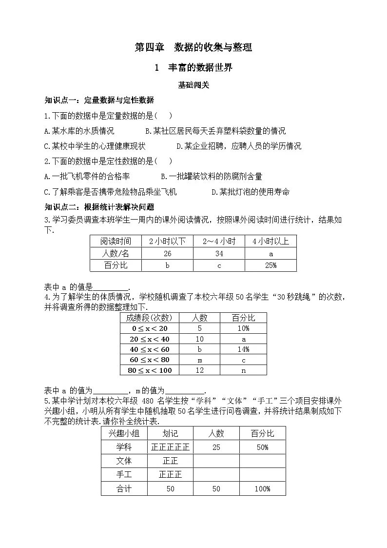 第四章 数据的收集与整理 1 丰富的数据世界练习(含答案)第1页
