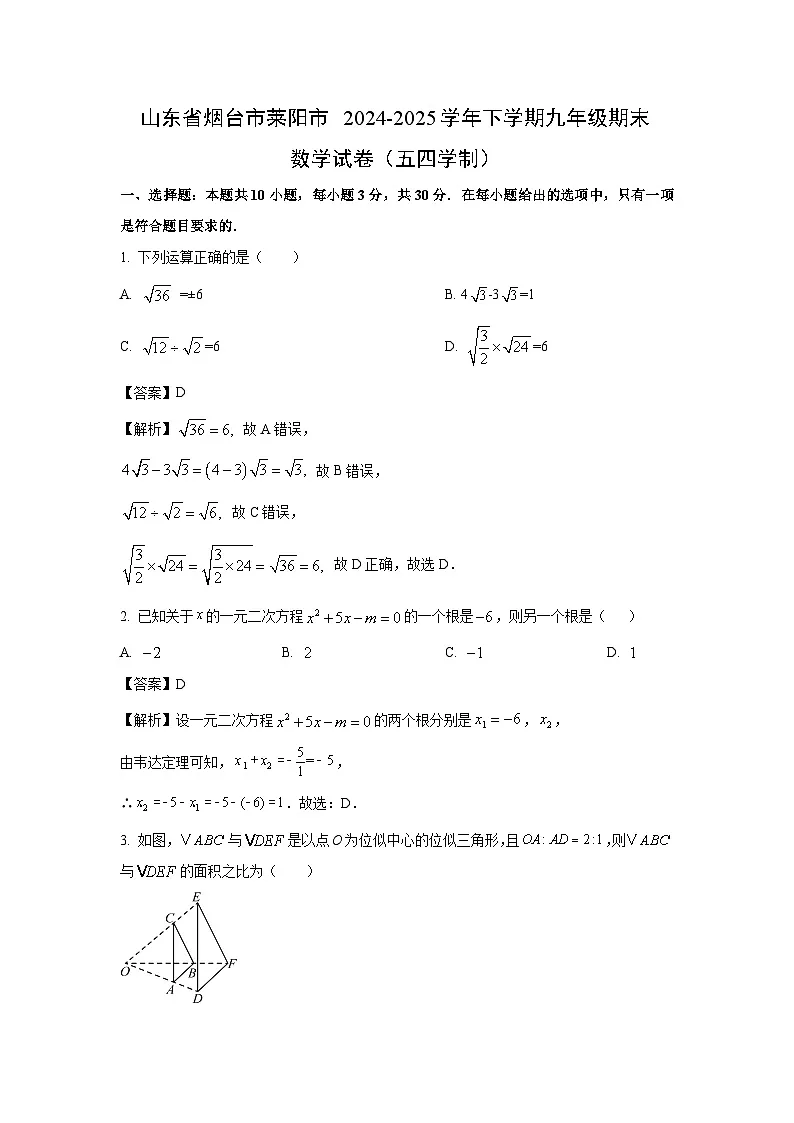 【数学】山东省烟台市莱阳市 2024-2025学年九年级下学期期末试卷(五四学制) (解析版)第1页