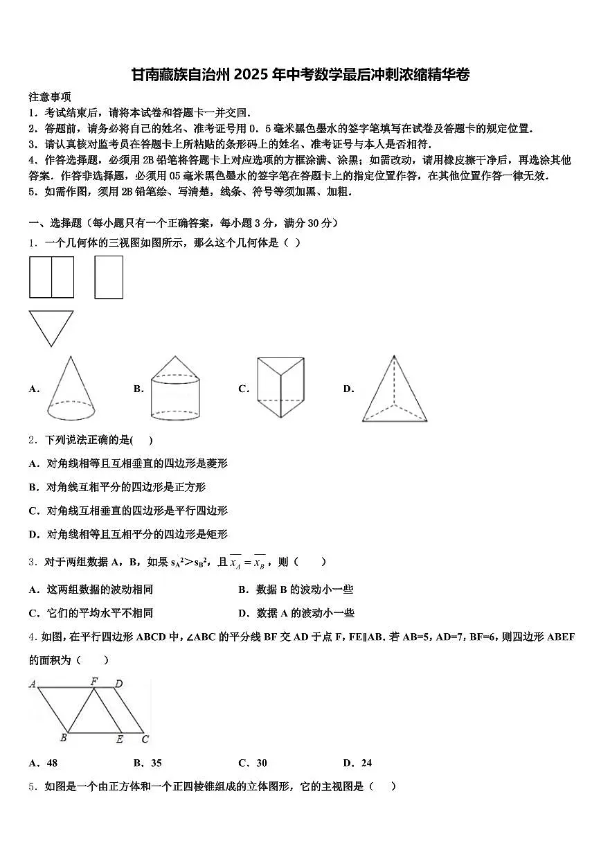 甘南藏族自治州2025年中考数学最后冲刺浓缩精华卷含解析第1页