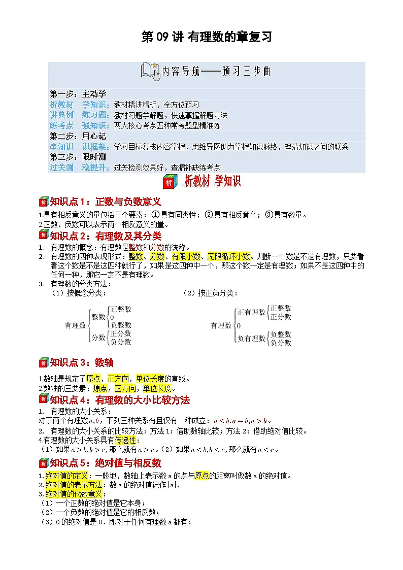 第09讲 有理数章复习——【暑假自学课】2025年新七年级数学暑假提升精品讲义(苏科版2024)(解析版)-A4第1页