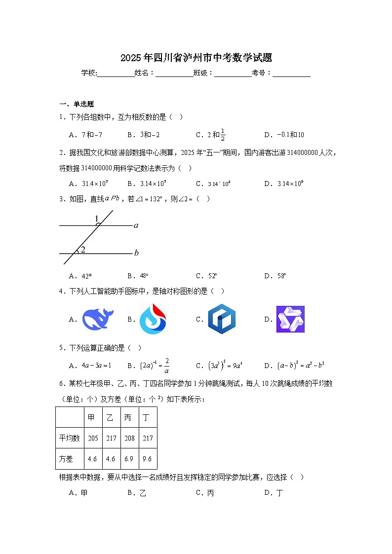 2025年四川省泸州市中考数学真题(附答案解析)第1页