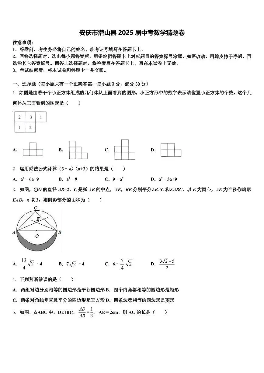 安庆市潜山县2025届中考数学猜题卷含解析第1页