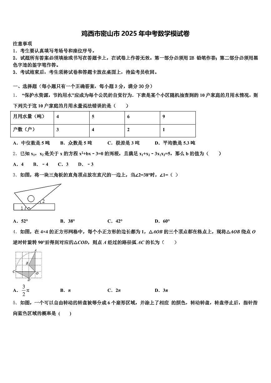 鸡西市密山市2025年中考数学模试卷含解析第1页