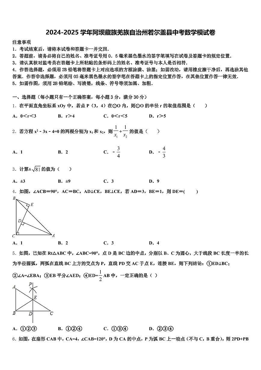 2024-2025学年阿坝藏族羌族自治州若尔盖县中考数学模试卷含解析第1页