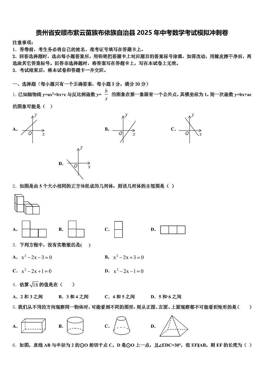 贵州省安顺市紫云苗族布依族自治县2025年中考数学考试模拟冲刺卷含解析第1页