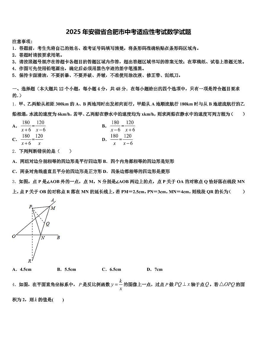 2025年安徽省合肥市中考适应性考试数学试题含解析第1页