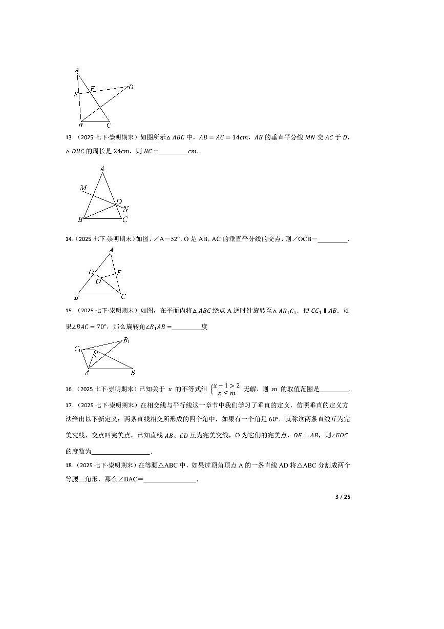 2024~2025学年上海市崇明区七年级下期末考试数学试卷第3页