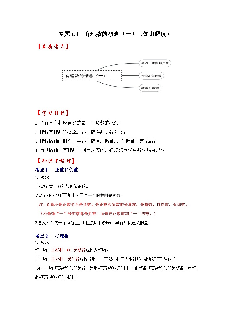 人教七年级数学上册专题训练1.1有理数的概念(正数和负数、有理数、数轴(知识解读+能力提升+专项训练)第1页