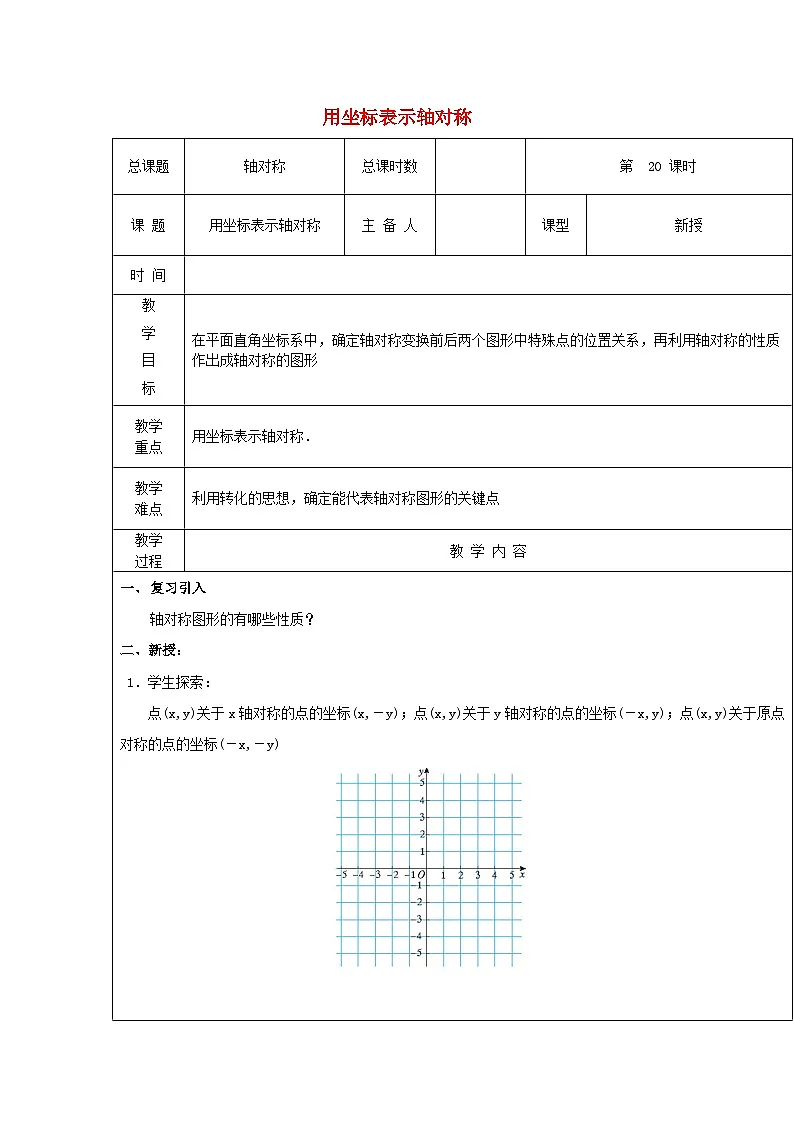 【2025年秋季】新人教版八年级数学上册15.1用坐标表示轴对称(集体备课教案)第1页