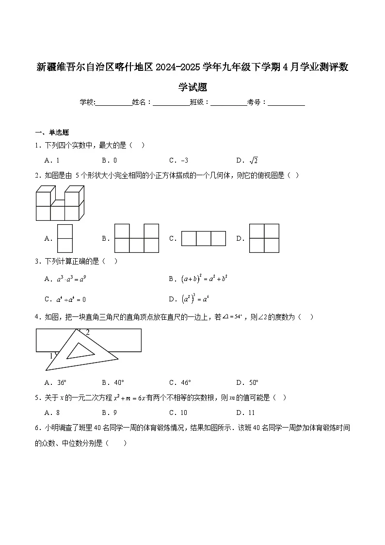 新疆维吾尔自治区喀什地区2025届九年级下学期4月学业测评数学试卷(含解析)第1页