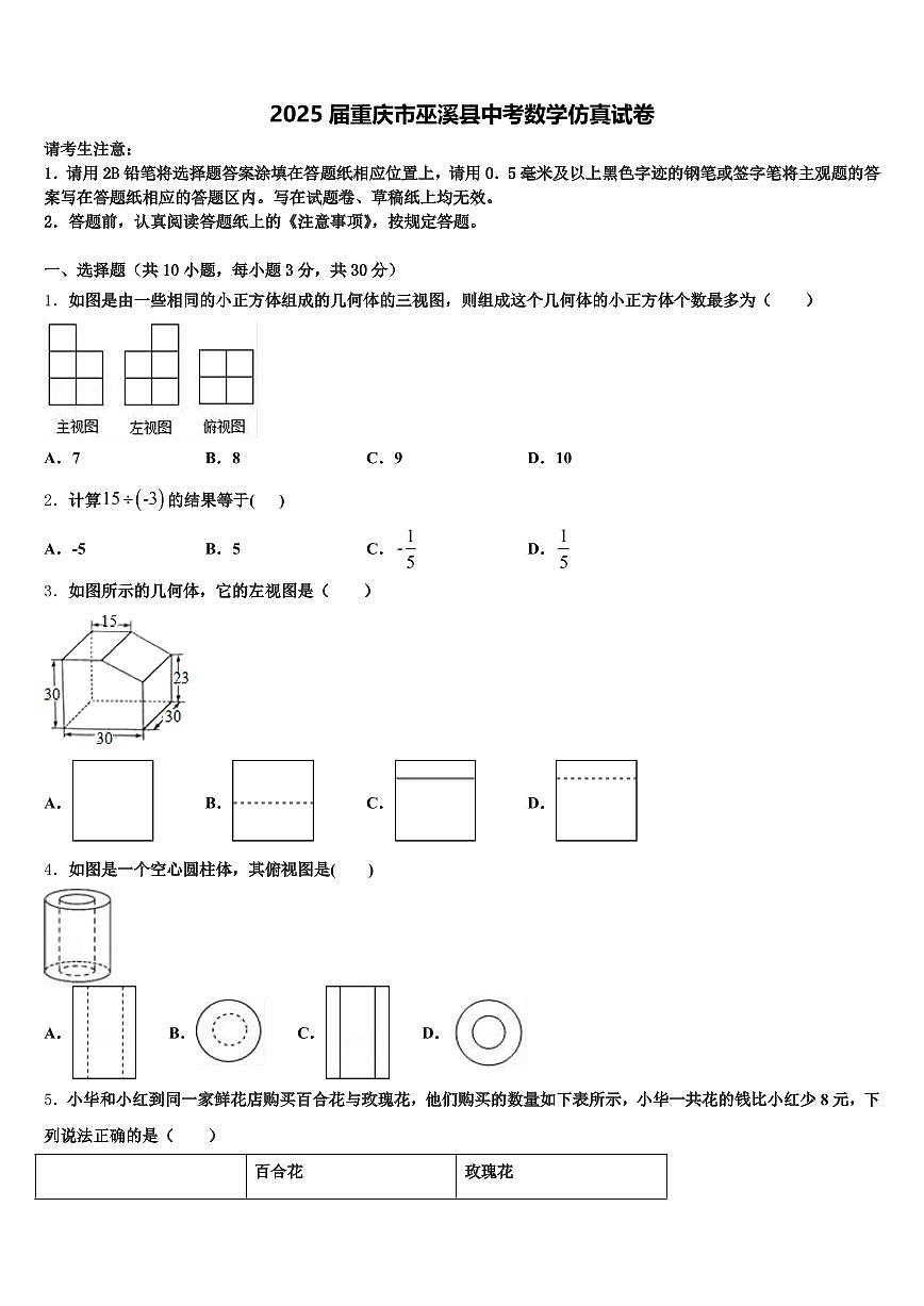 2025届重庆市巫溪县中考数学仿真试卷含解析第1页