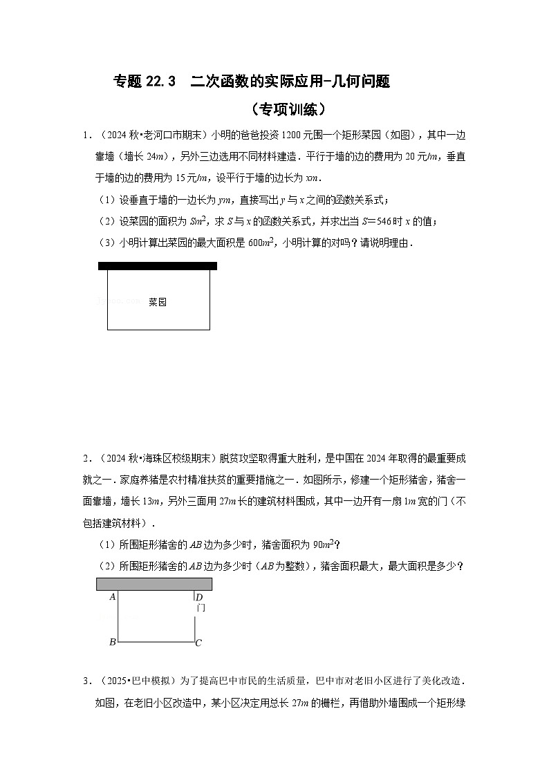 25-26学年人教九年级数学上册专项训练测试-专题22.3 二次函数的实际应用-几何问题(附名师详解)第1页