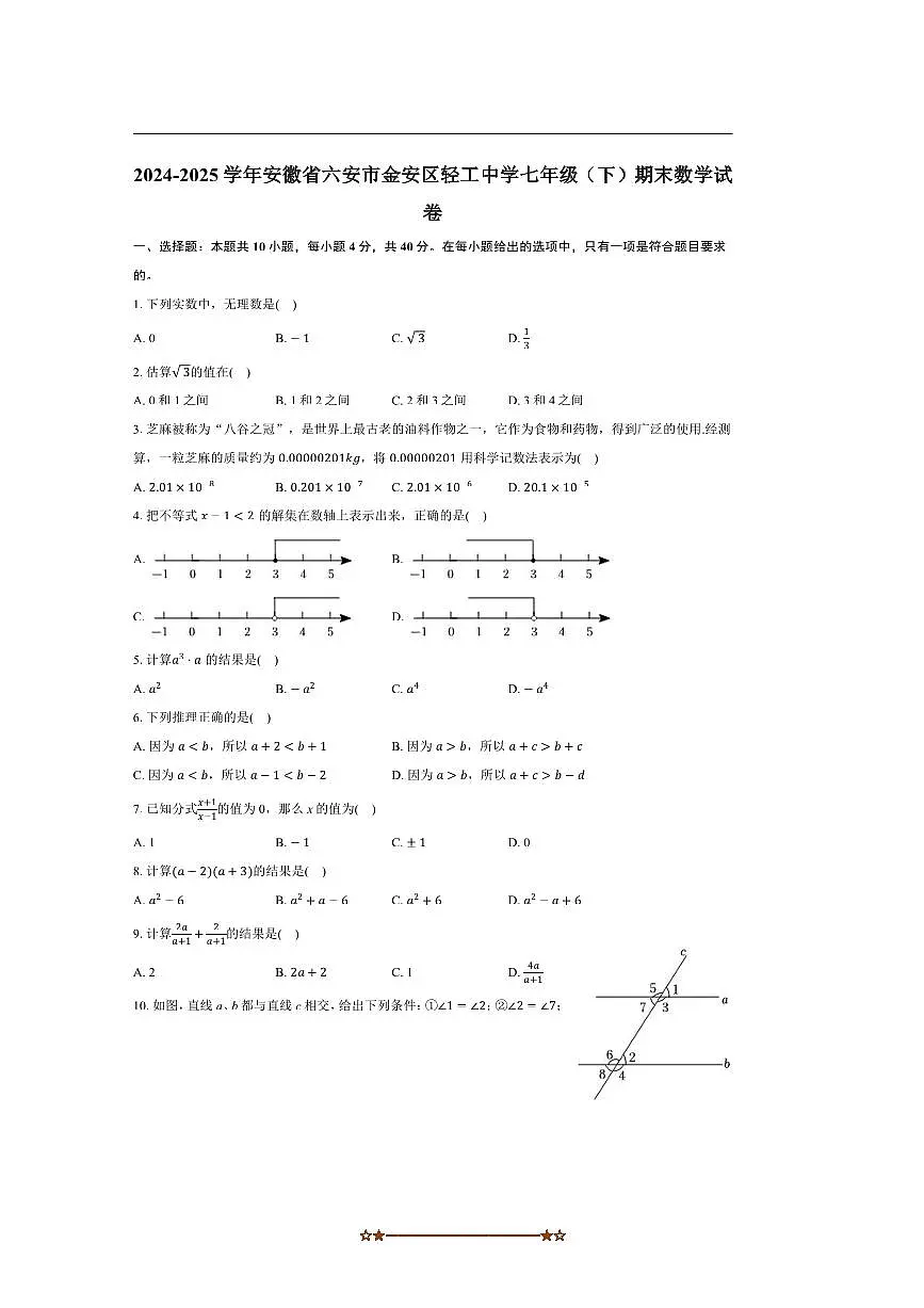 2024~2025学年安徽省六安市金安区轻工中学七年级(下)期末数学试卷(含答案)第1页