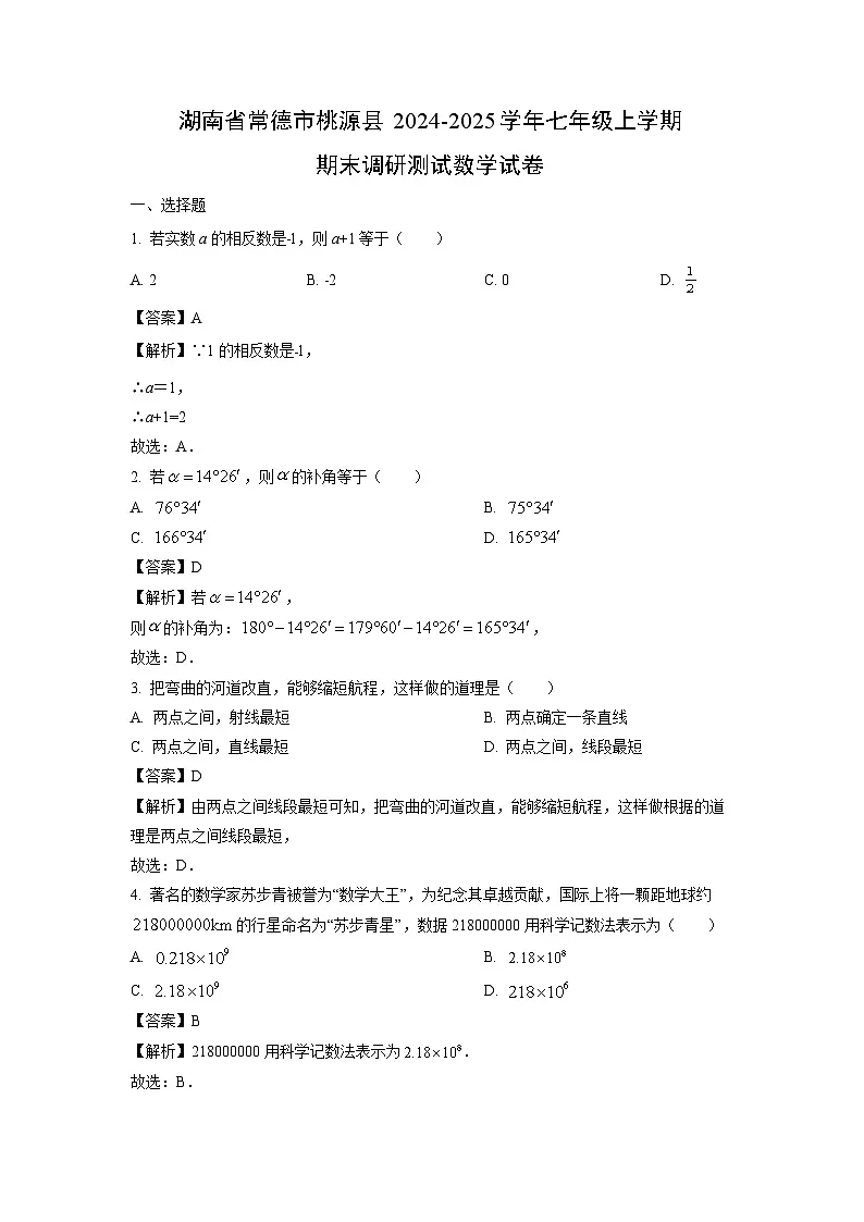 湖南省常德市桃源县2024-2025学年七年级上学期期末调研测试数学试题(解析版)第1页