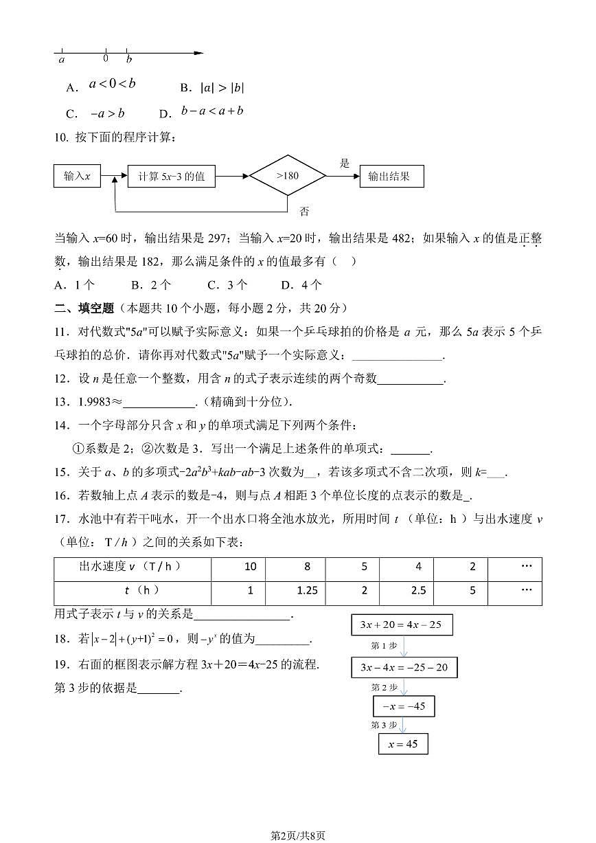 2024北京西城外国语学校初一(上)期中数学试卷 有答案第2页