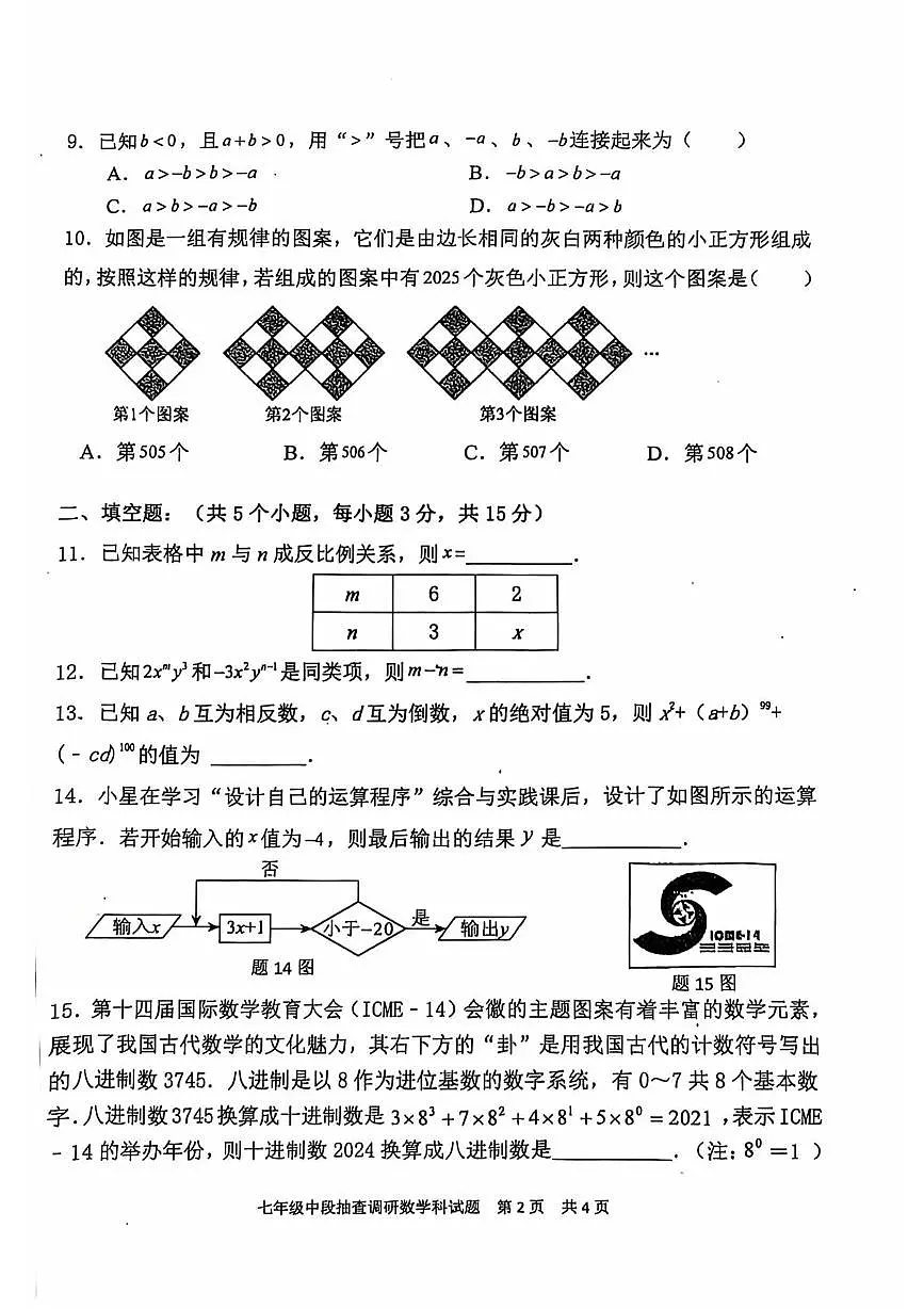 广东省中山市一中集团2024--2025学年上学期期中考七年级数学试卷第2页