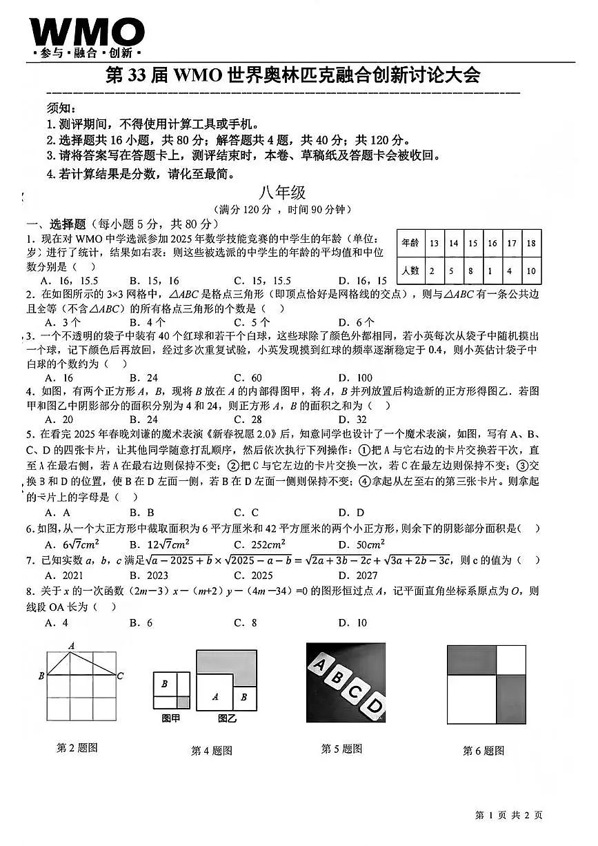 2025年第33届WMO世界奥林匹克数学竞赛中国赛区省测(复测)八年级试题第1页