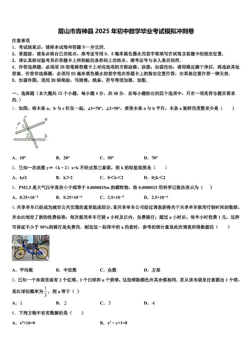 眉山市青神县2025年初中数学毕业考试模拟冲刺卷含解析第1页