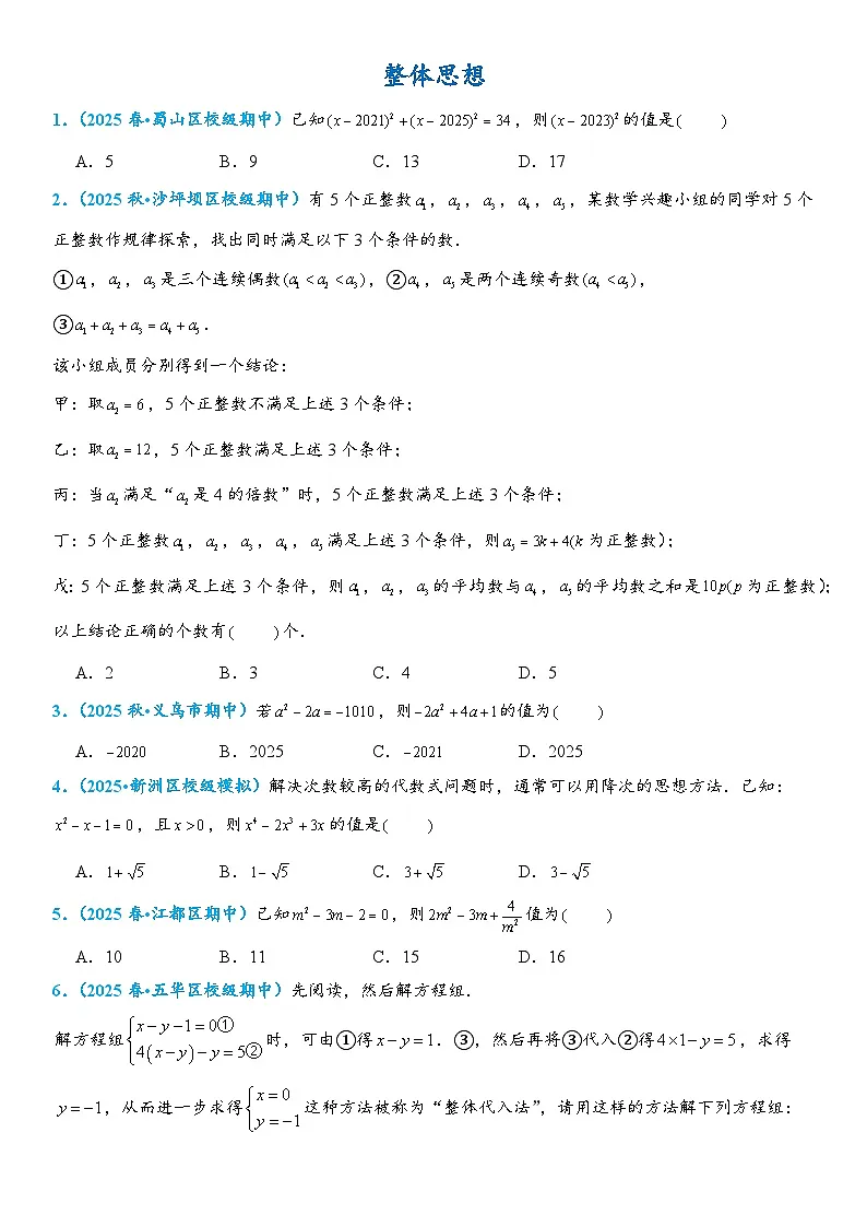 2026年中考数学压轴题专项练习-整体思想(学生版+名师详解版)第1页