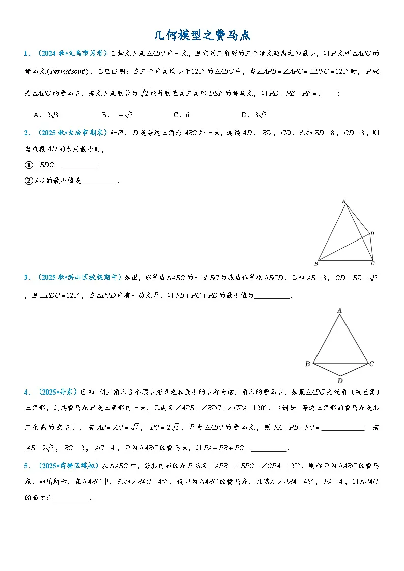 2026年中考数学压轴题专项练习-费马点(学生版+名师详解版)第1页