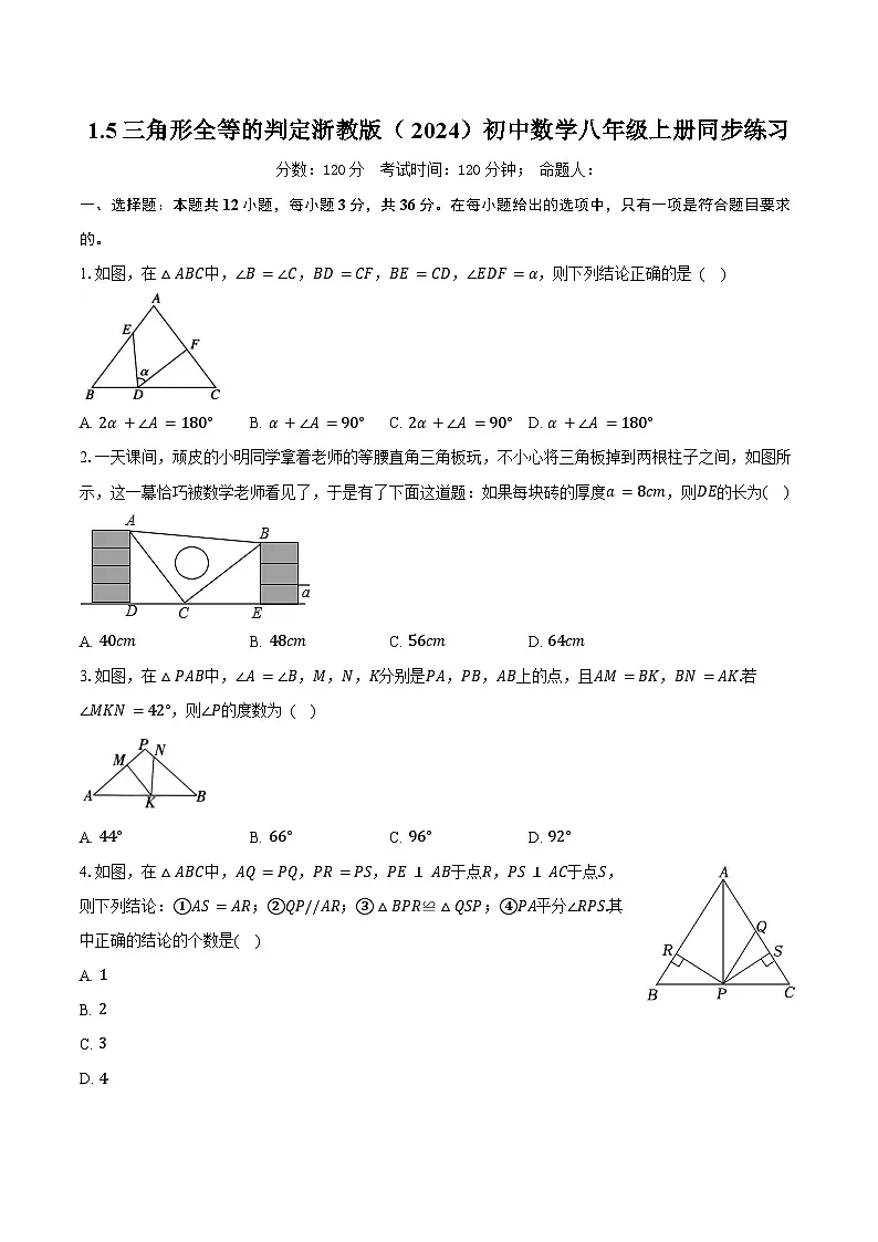 1.5三角形全等的判定 浙教版(2024)初中数学八年级上册同步练习(含答案解析)第1页
