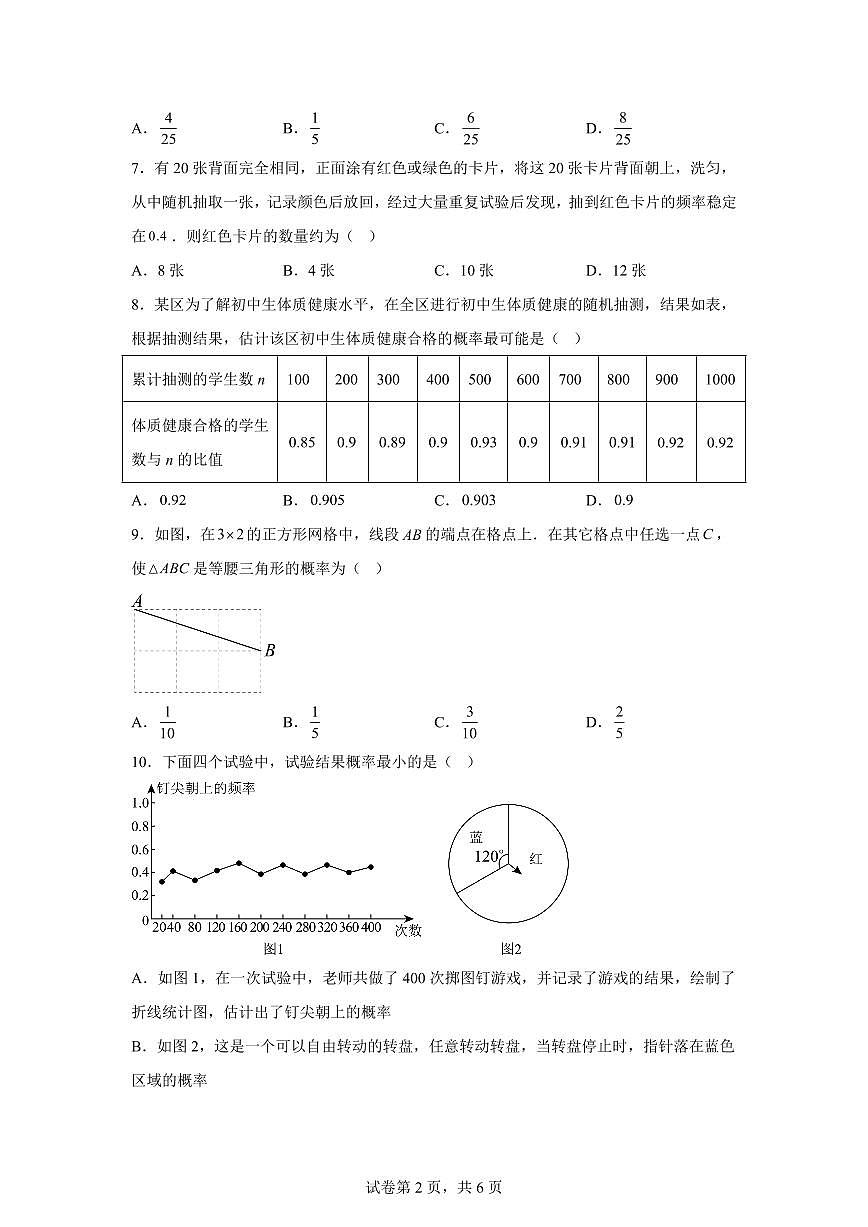 2025~2026学年第2章简单事件的概率单元测试九年级上学期数学考点解惑题型过关专练【浙教版】第2页