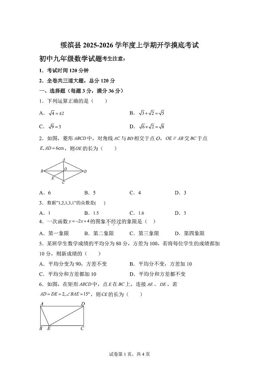 2025~2026学年黑龙江省鹤岗市绥滨县九年级上学期开学数学试题第1页