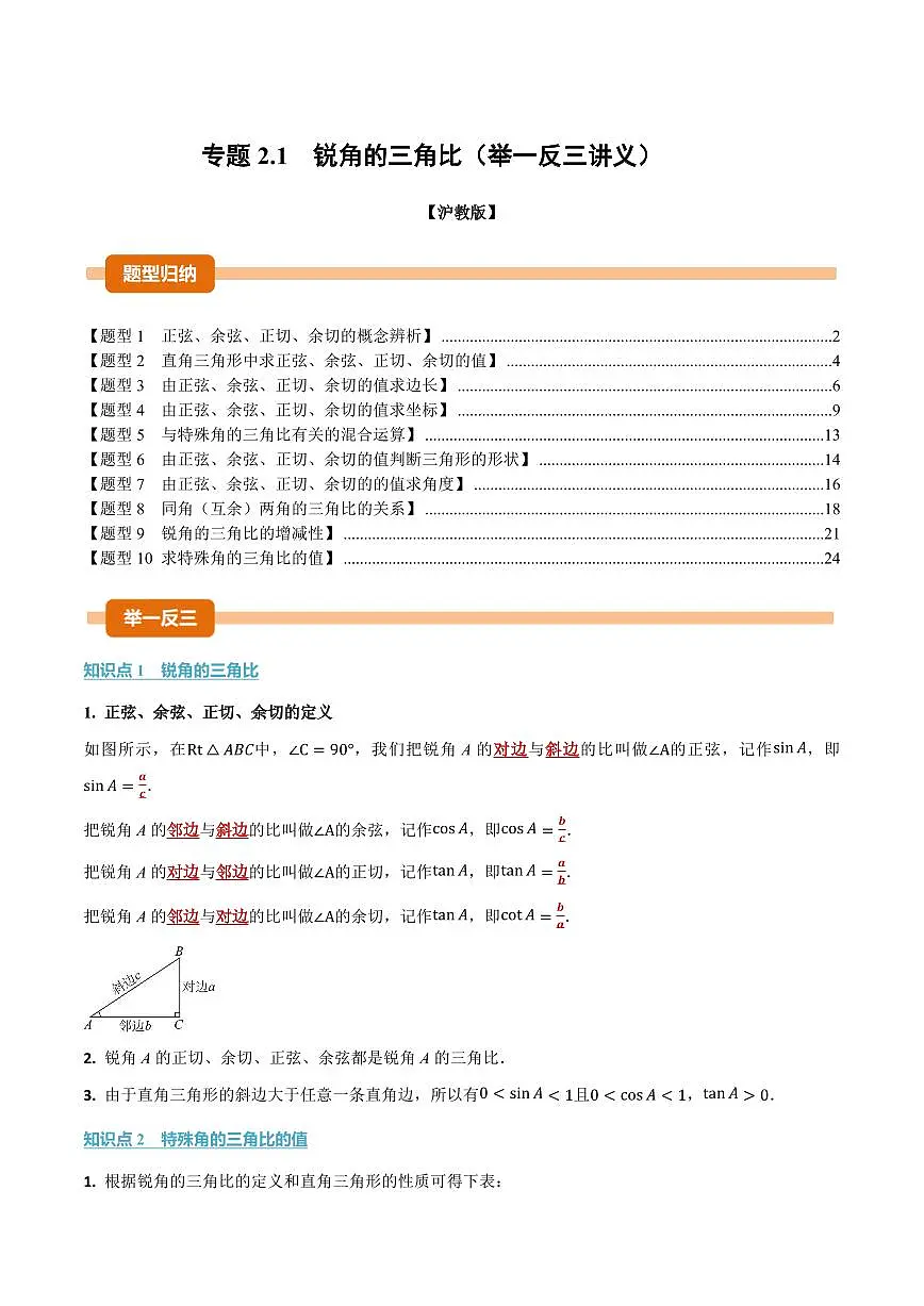 专题2.1 锐角的三角比(讲义)(解析版)第1页
