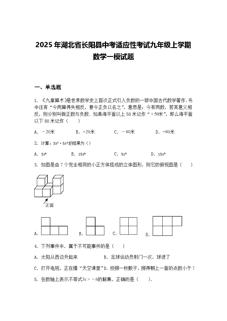 2025年湖北省长阳县中考适应性考试九年级上学期数学一模试题(含答案解析)第1页
