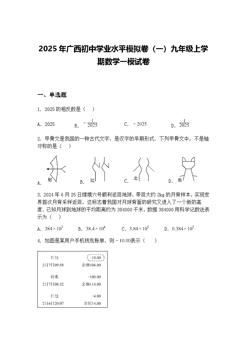 2025年广西初中学业水平模拟卷(一)九年级上学期数学一模试卷(含答案解析)第1页