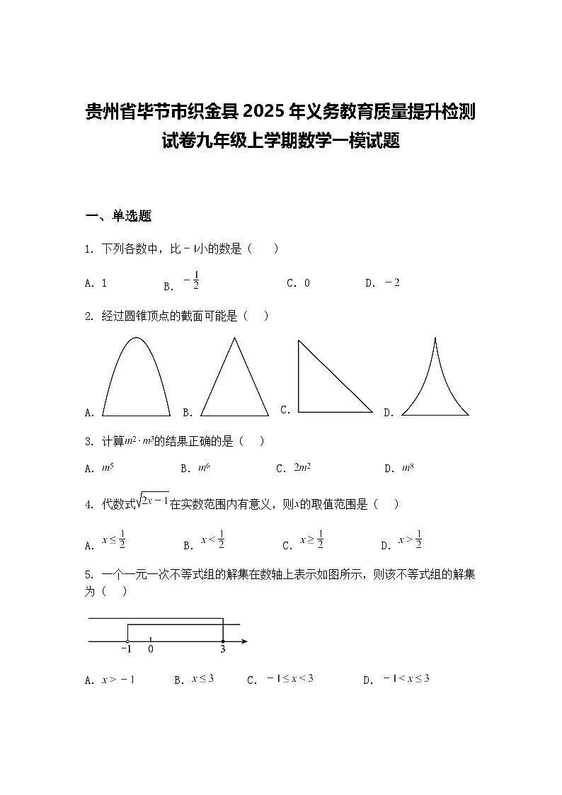 贵州省毕节市织金县2025年义务教育质量提升检测试卷九年级上学期数学一模试题(含答案解析)第1页