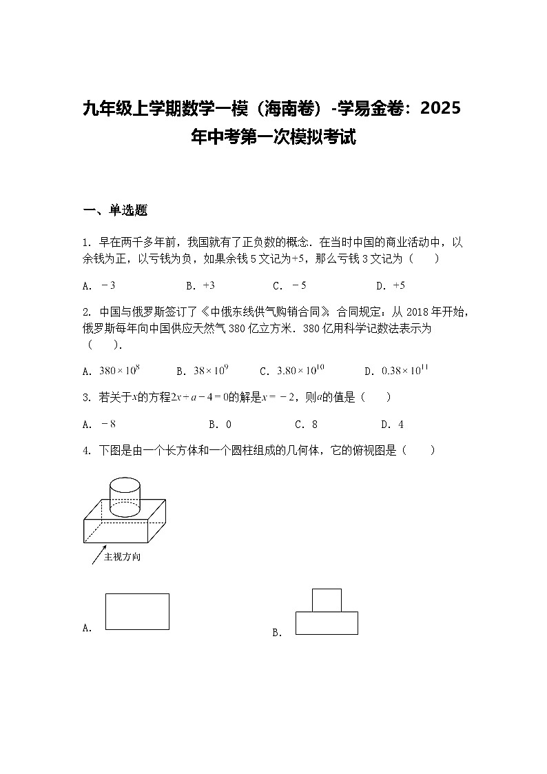 九年级上学期数学一模(海南卷)2025年中考第一次模拟考试(含答案解析)第1页