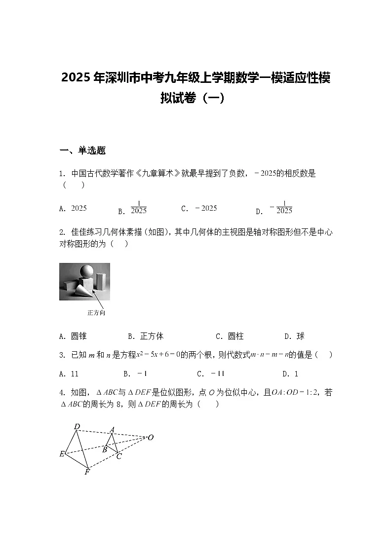 2025年深圳市中考九年级上学期数学一模适应性模拟试卷(一)(含答案解析)第1页