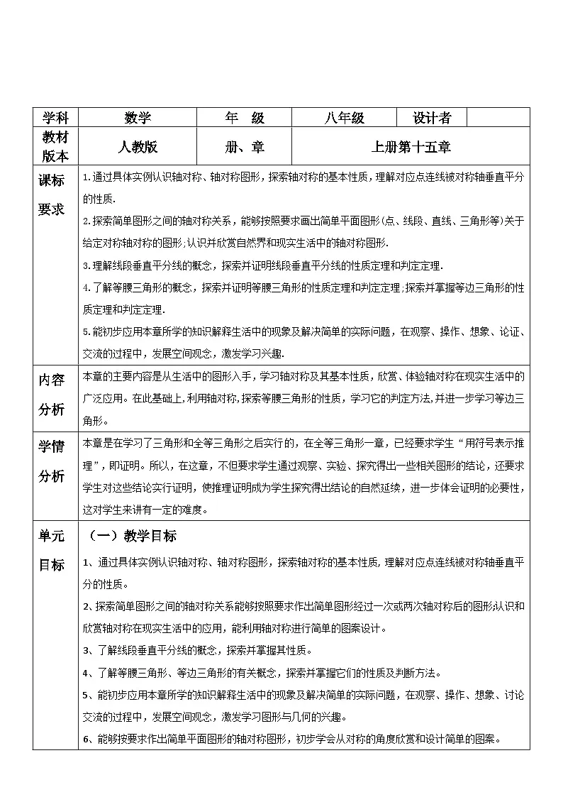 第15章 轴对称单元教学设计 人教版(2024)八年级上册数学教案第1页