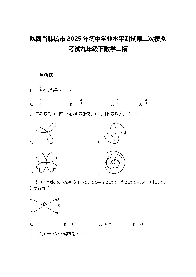 陕西省韩城市2025年初中学业水平测试第二次模拟考试九年级下数学二模(含答案解析)第1页