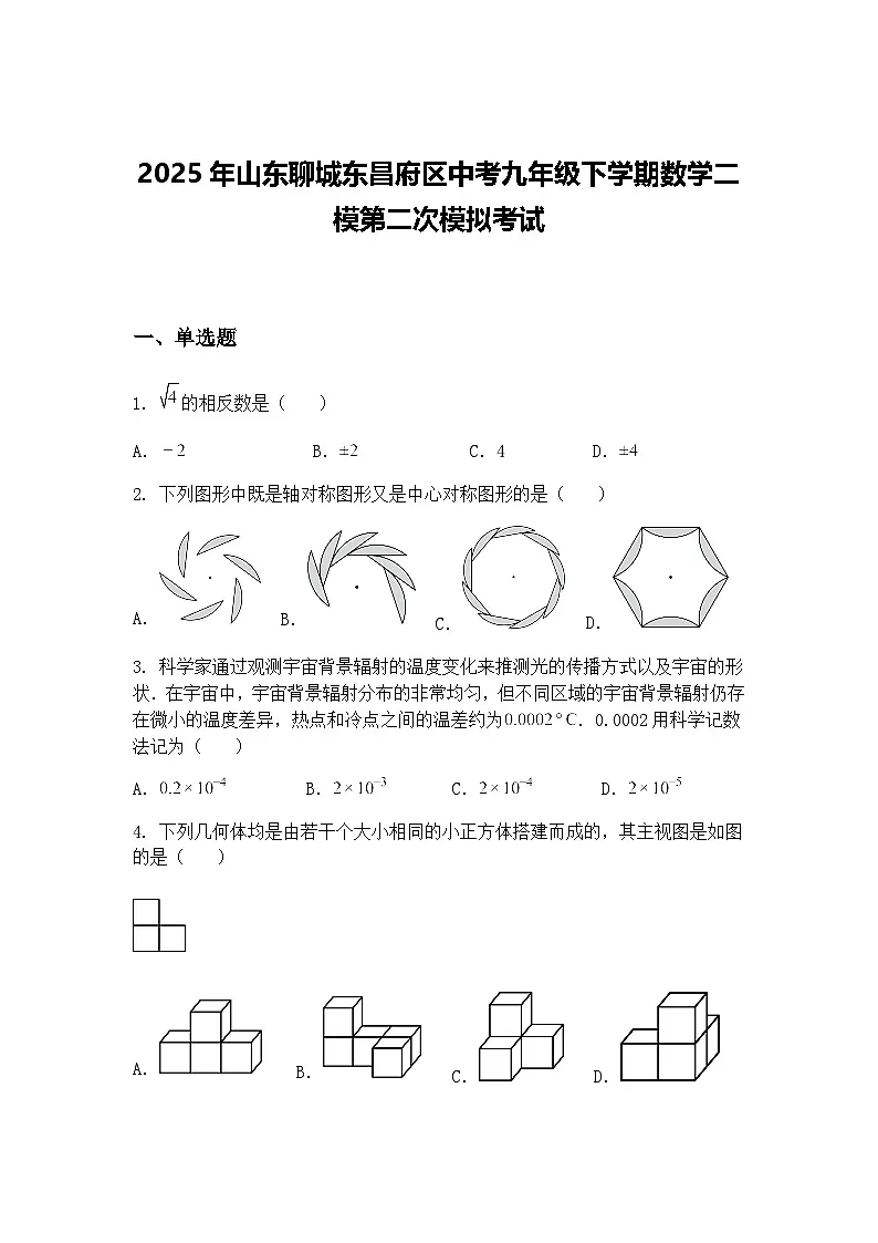 2025年山东聊城东昌府区中考九年级下学期数学二模第二次模拟考试(含答案解析)第1页