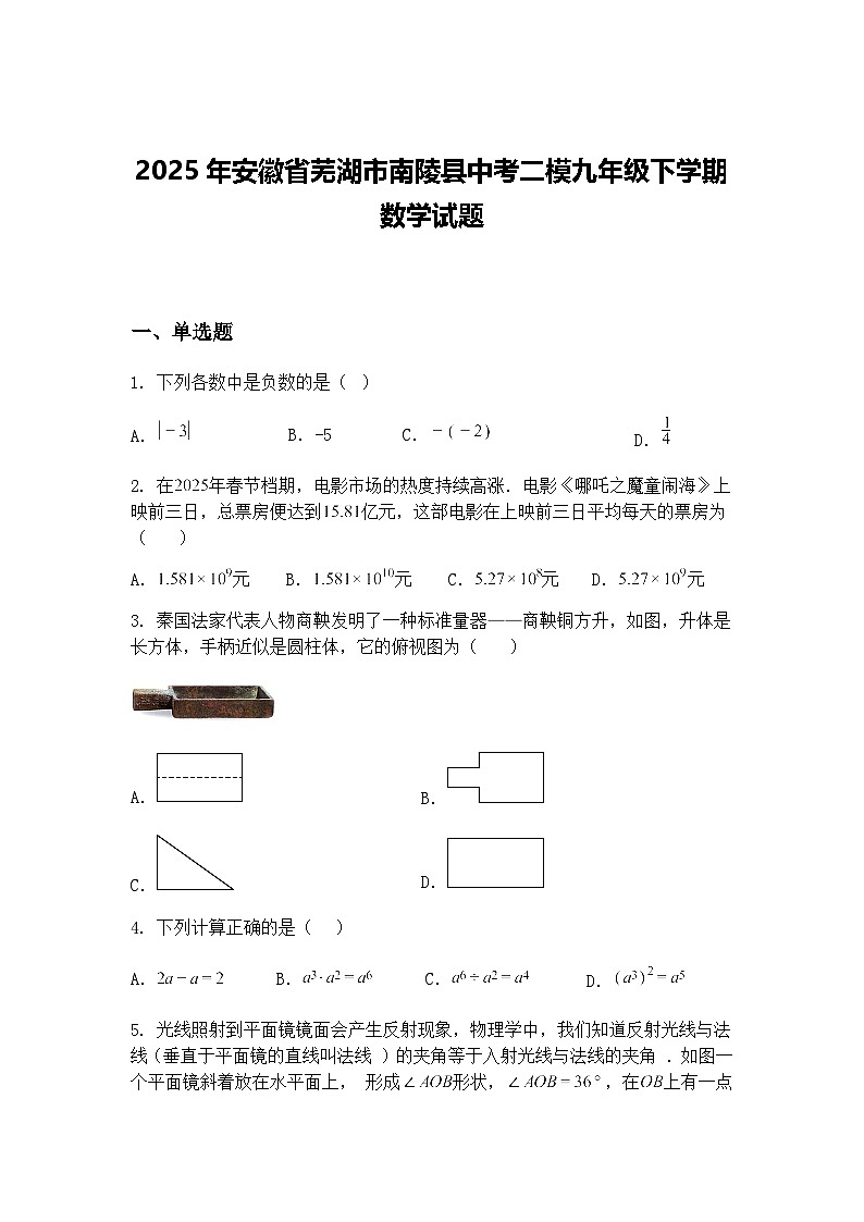 2025年安徽省芜湖市南陵县中考二模九年级下学期数学试题(含答案解析)第1页