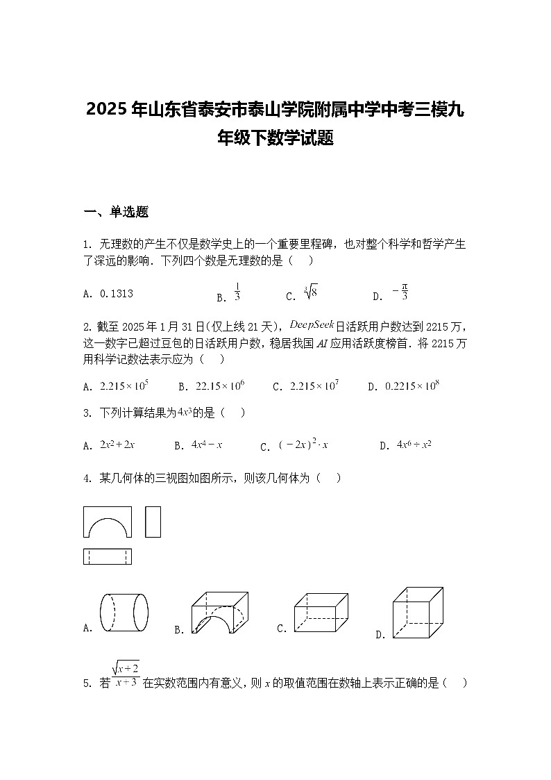 2025年山东省泰安市泰山学院附属中学中考三模九年级下数学试题(含答案解析)第1页
