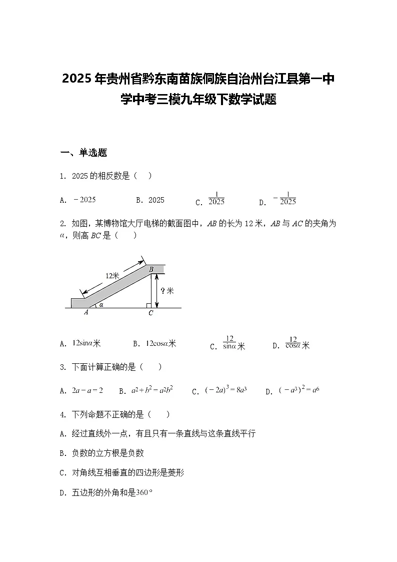 2025年贵州省黔东南苗族侗族自治州台江县第一中学中考三模九年级下数学试题(含答案解析)第1页